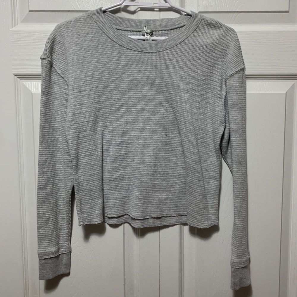 Grey Waffle Knit Long Sleeve Crop Top | S